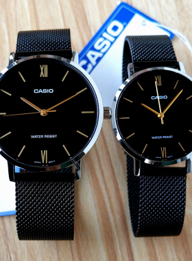 正品卡西欧手表男女情侣表一对超薄黑色时尚大气非机械女朋友礼物