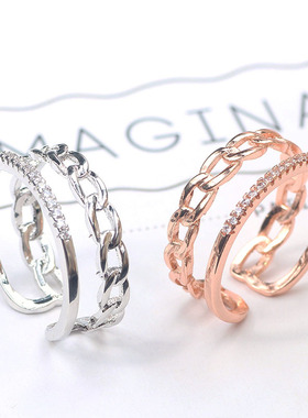 个性绳索戒指 保色锆石假双层开口戒指 简约百搭戒指女