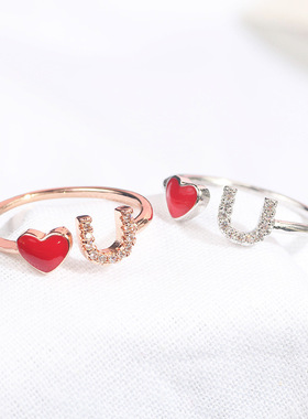 韩版简约心形爱你保色戒指 百搭甜美可爱微镶锆石开口可调节指环