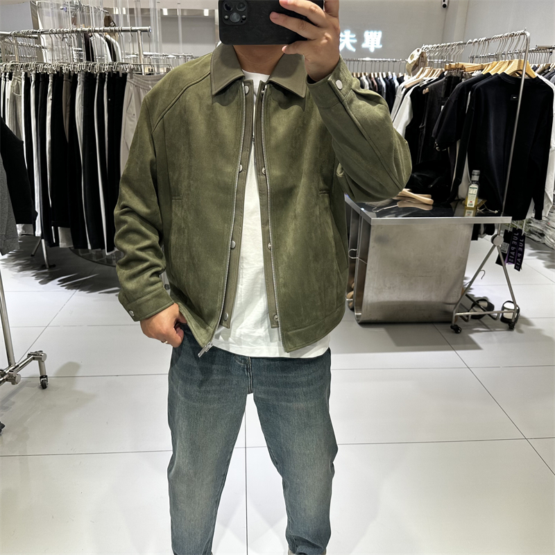 2025秋季新款男士翻领外套宽松软糯肌理麂皮绒拼接皮夹克轻奢高级