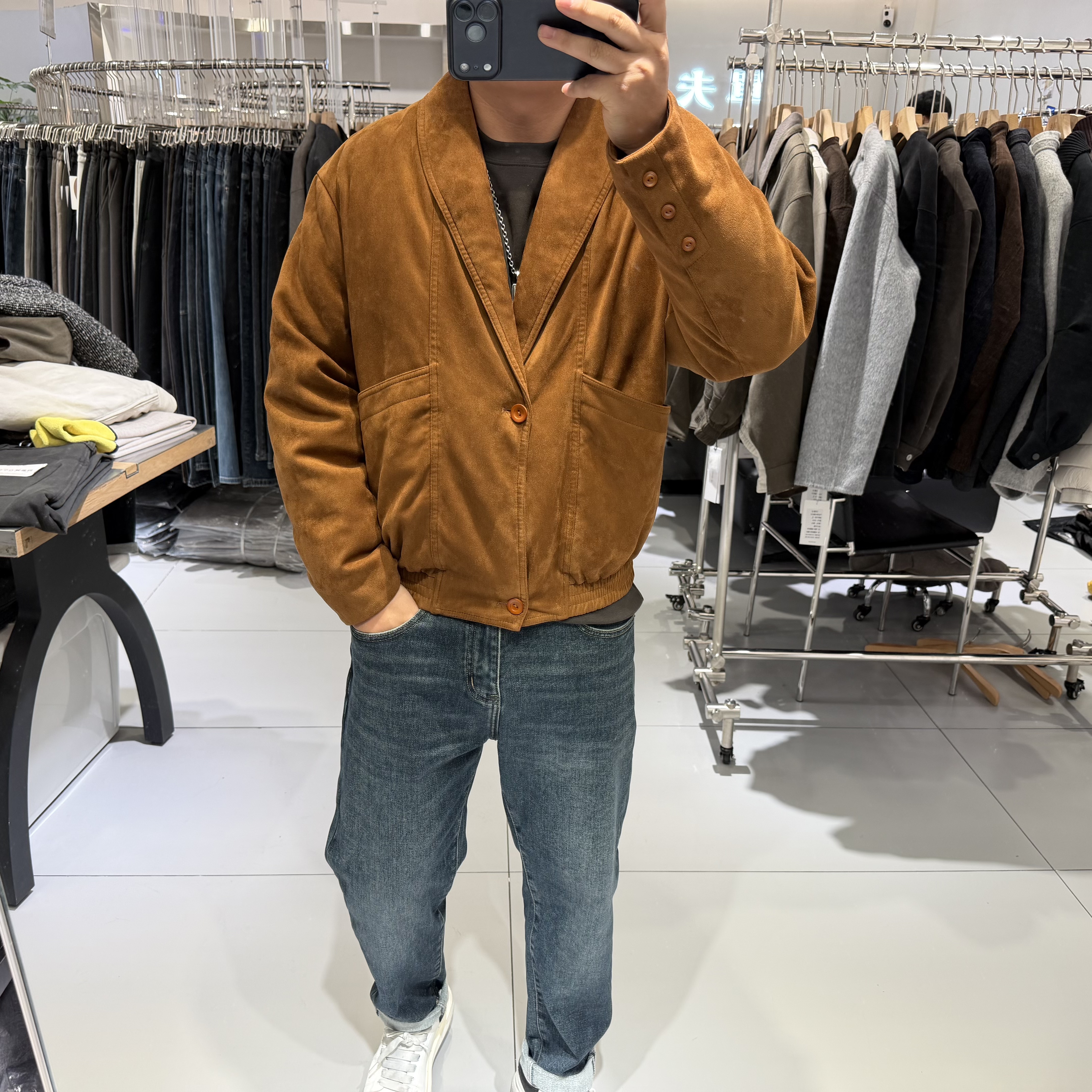 高端鹅绒服冬装潮牌男士青果领麂皮绒保暖外套小香风时尚羽绒夹克