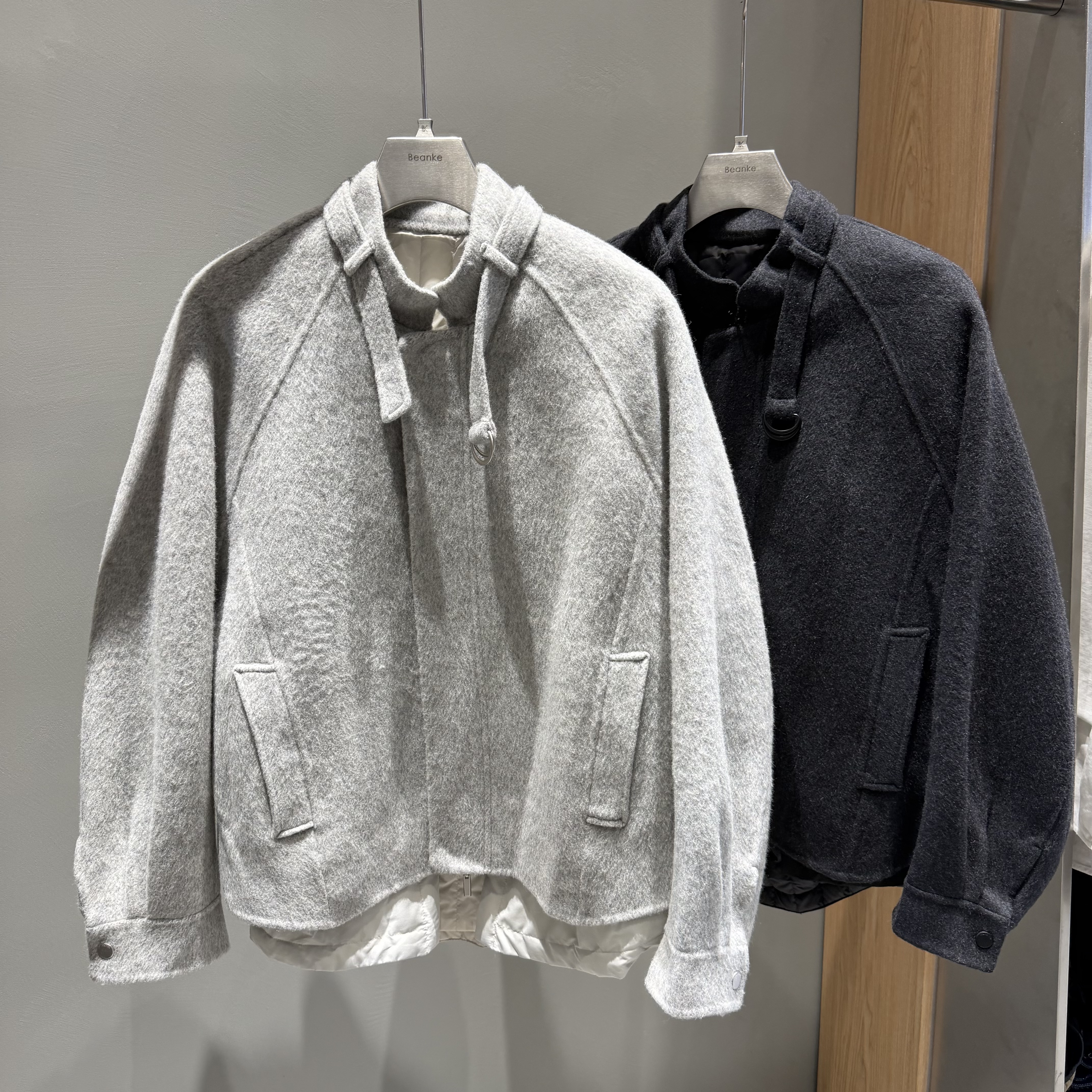 冬潮牌男士立领羊毛呢鹅绒大衣羽绒服宽松休闲韩系高级感毛呢夹克