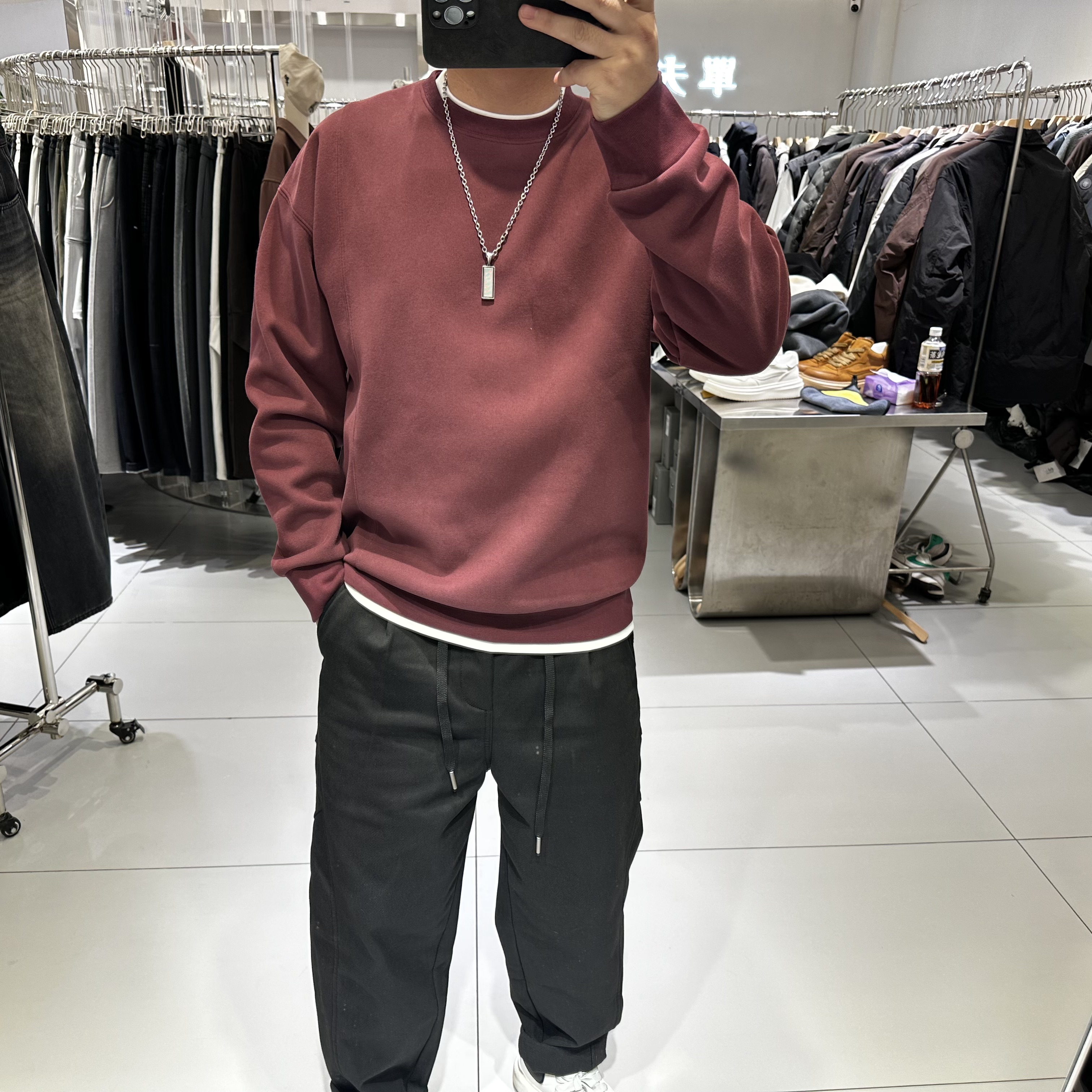 休闲潮牌冬装男士圆领加绒卫衣宽松弹力拼接假两件纯色打底上衣