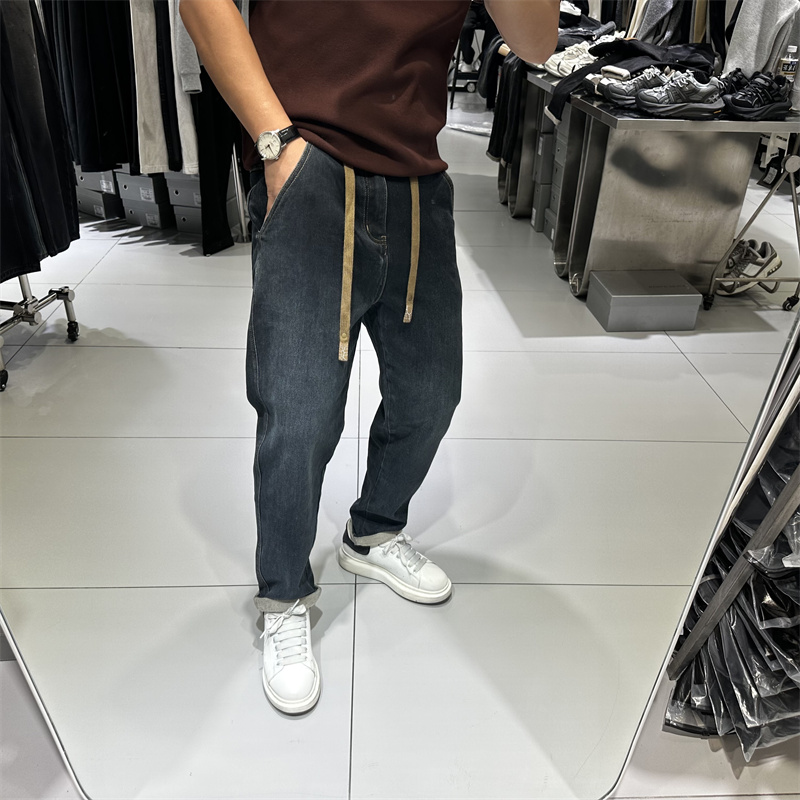 2025冬装新款男士系带牛仔裤加厚抓绒修身弹力小脚长裤时尚百搭