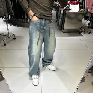 2026春季潮牌男士直筒牛仔裤宽松弹力水洗系带简约复古小弯刀长裤