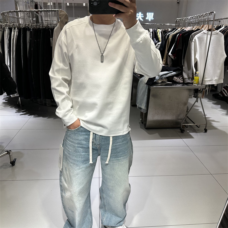 2026春秋新款男士圆领长袖T恤宽松弹力拼接纯色打底衫卫衣时尚ins,男装,T恤,淘宝优惠券,粉丝福利购,淘宝优惠卷