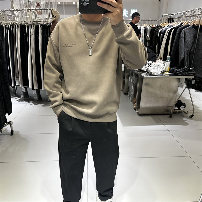 休闲运动冬装男士圆领加绒卫衣宽松弹力保暖字母印花套头上衣简约