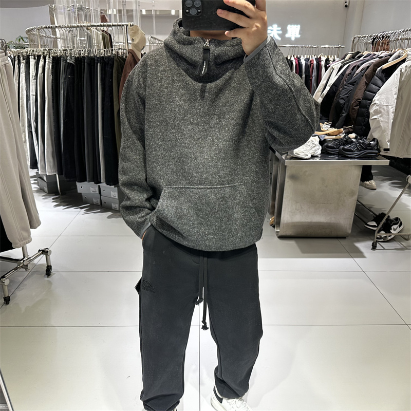 美式潮牌冬装男士连帽加绒针织卫衣宽松保暖时尚插兜休闲上衣轻奢