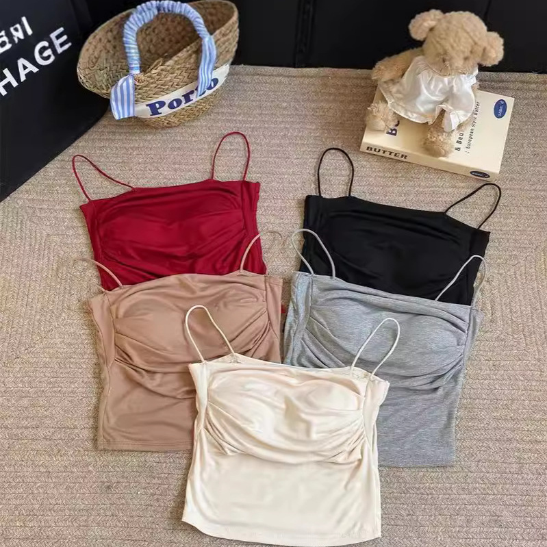 ins纯欲风带胸垫折皱吊带背心2025秋内搭打底辣妹无袖遮副乳上衣