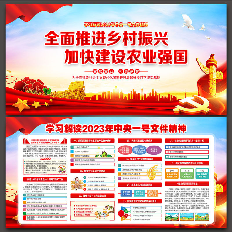 2023年中央一号文件精神展板推进全面乡村振兴海报psd素材tb334