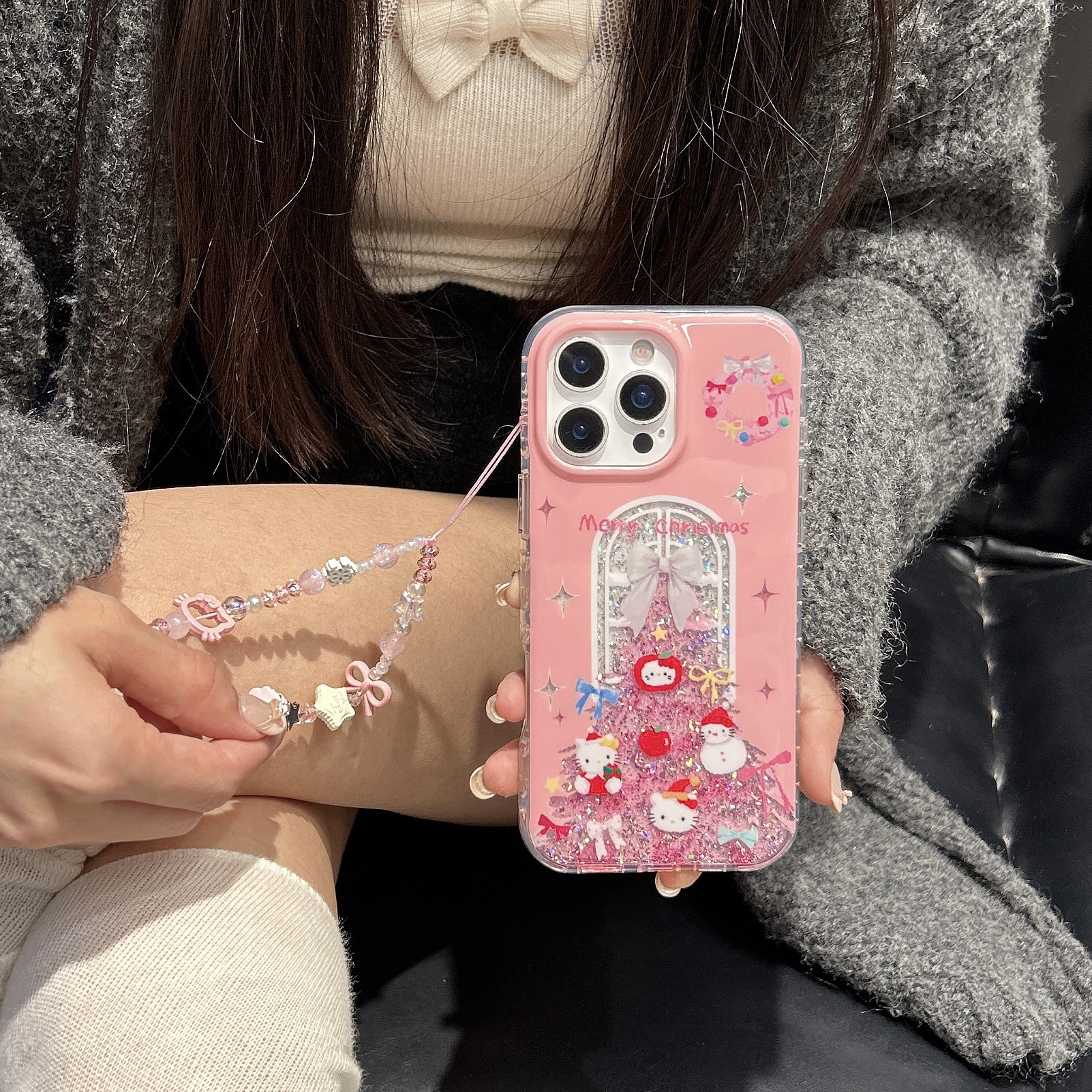 圣诞树ins闪粉卡通KT猫网红同款适用16苹果17ProMax手机壳iPhone15双层IMD14Pro/13pro壳17粉色