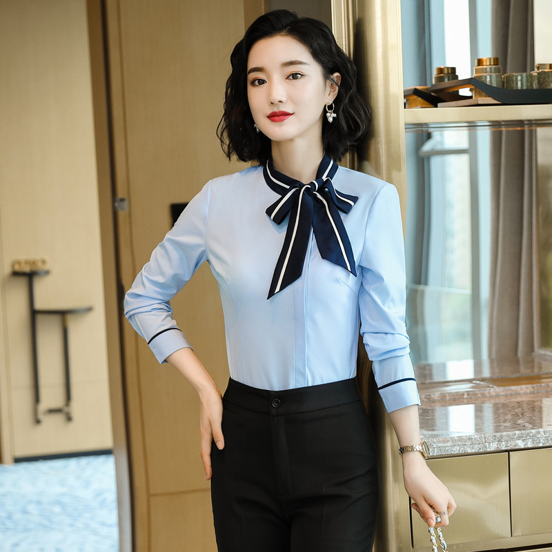 白色衬衫女长袖时尚蝴蝶结雪纺上衣美容院前台领结衬衣系带职业装