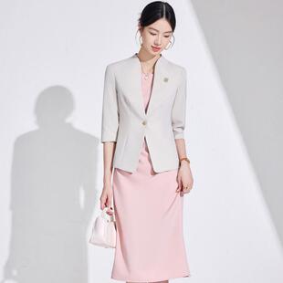 高端无领西装套装裙女春夏职业正装主持人上镜小西服连衣裙两件套