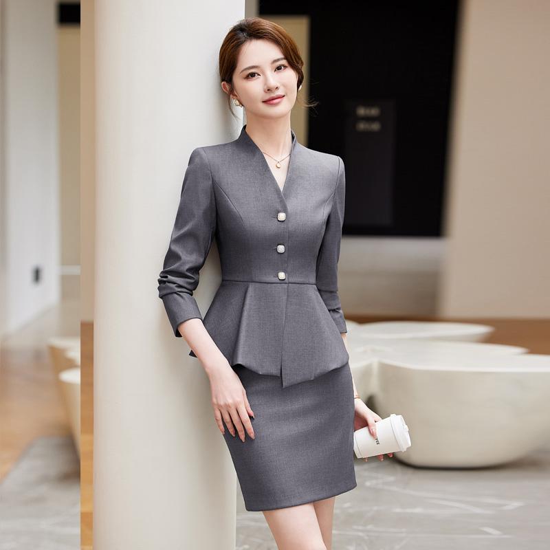 职业西装套装女秋冬装V领收腰显瘦养生馆会所白领酒店主管工作服