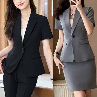经理酒店灰色西装套装会务面试时尚短袖夏季前台接待女工作服西服