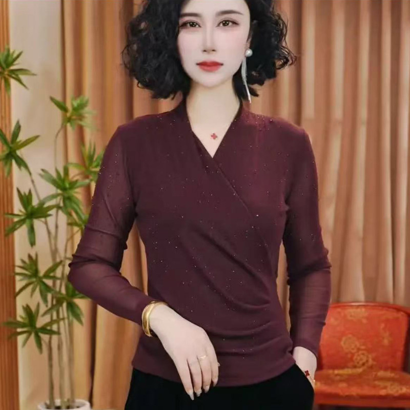 气质V领大码弹力网纱女上衣T恤春秋新款修身显瘦妈妈装长袖打底衫