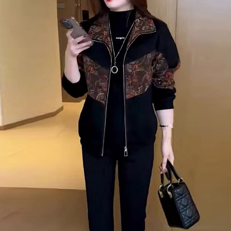 时尚女装翻领印花加绒短外套春秋新款妈妈装气质大码减龄夹克上衣