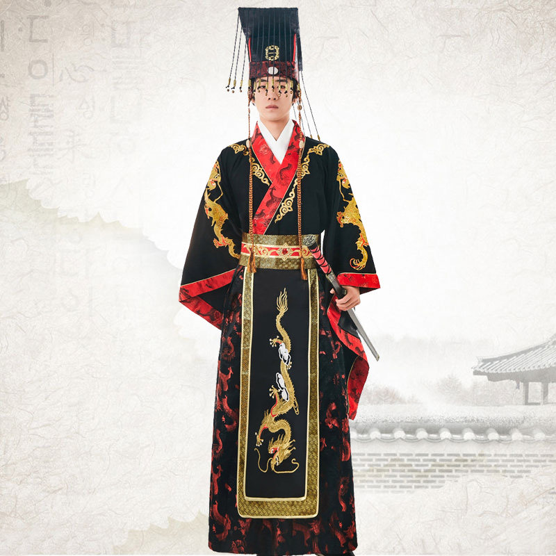 古装男古代帝王服皇帝皇上黑色龙袍秦始皇戏服演出服装祭祀主持服