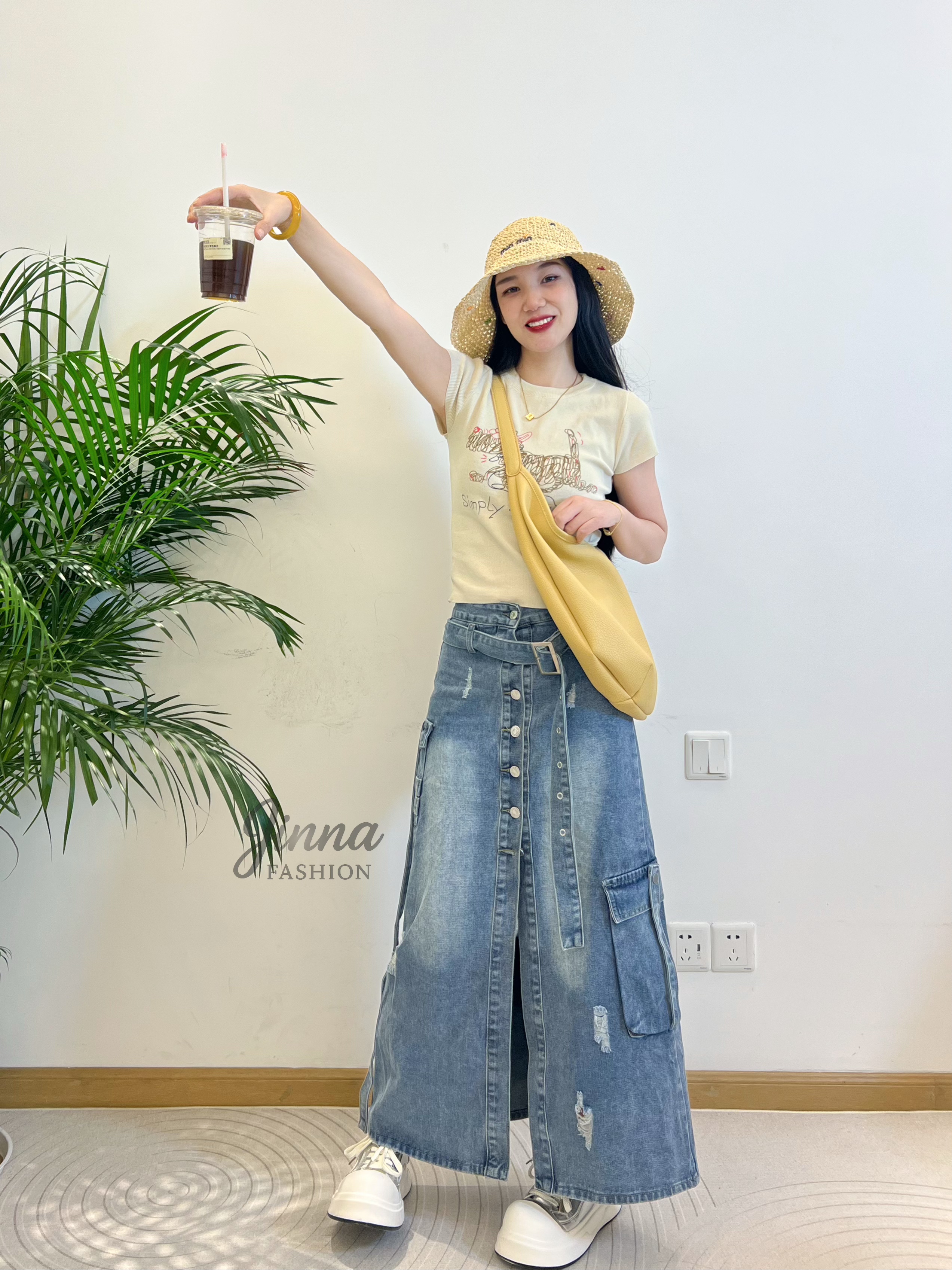 苗与木单排扣高开叉牛仔裙202半身裙