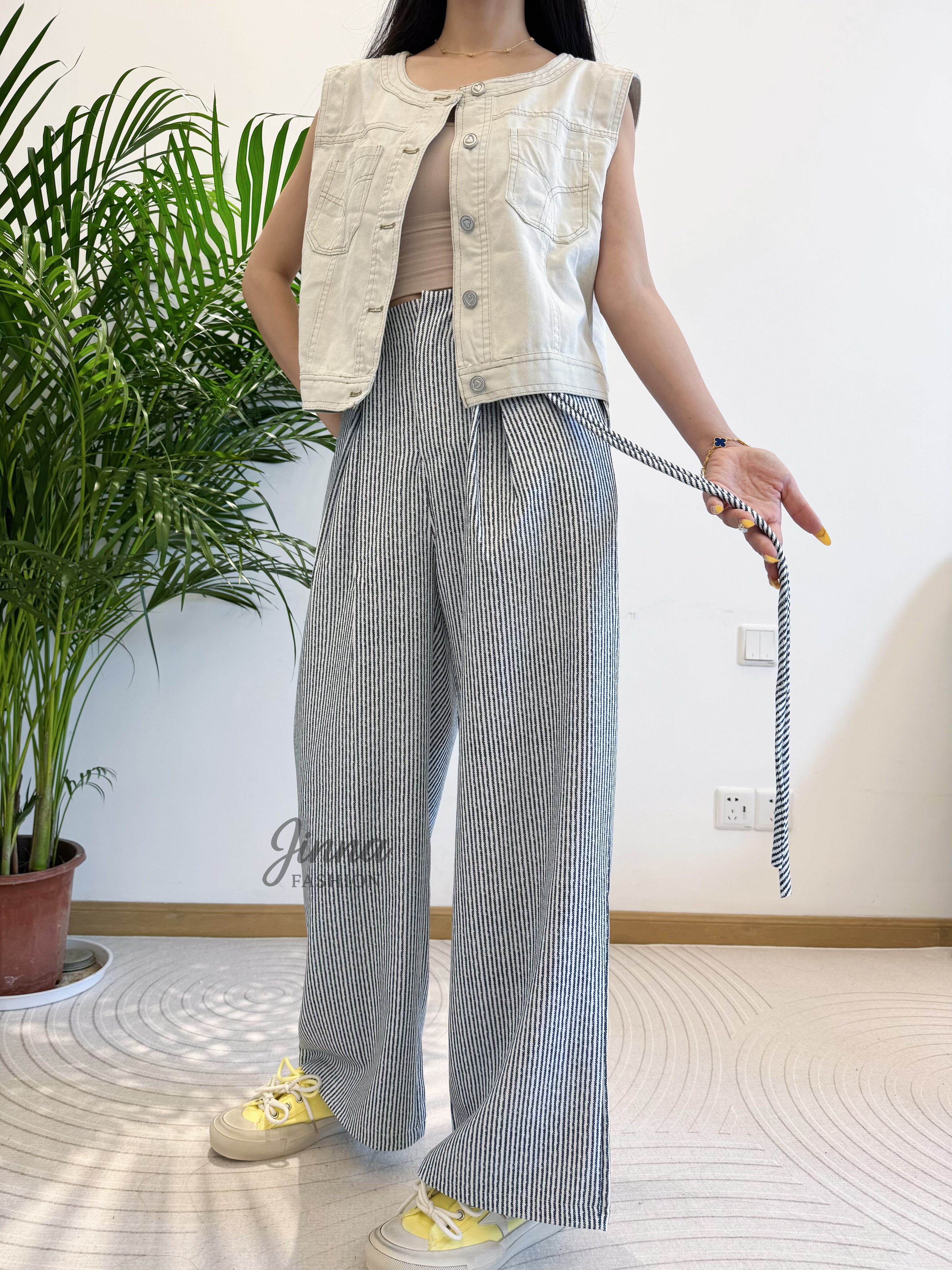 苗与木竖条纹休闲阔腿裤2025垂顺感高腰显瘦宽松直筒拖地长裤子