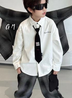 GM韩版童装中大童衬衣秋冬学院风长袖上衣带领带男童白色加绒衬衫