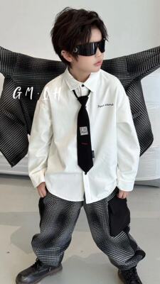 GM韩版童装中大童衬衣秋冬学院风长袖上衣带领带男童白色加绒衬衫