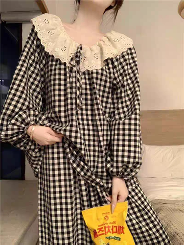 韩版ins风睡衣女春秋季长袖纯棉甜美花边格子休闲大码家居服套装