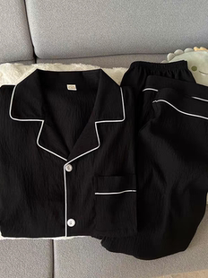 长袖 春秋季 纯棉睡衣男士 黑色高级感外穿家居服套装 简约细纱棉