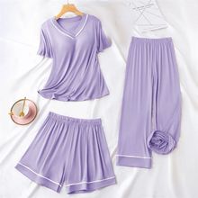 带胸垫睡衣女夏季短袖长裤三件套薄款加大码宽松家居服可外穿套装