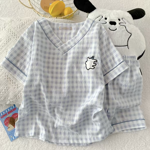 【线条狗细纱绵】夏天短袖可爱云朵棉睡衣套装女夏季卡通家居服韩