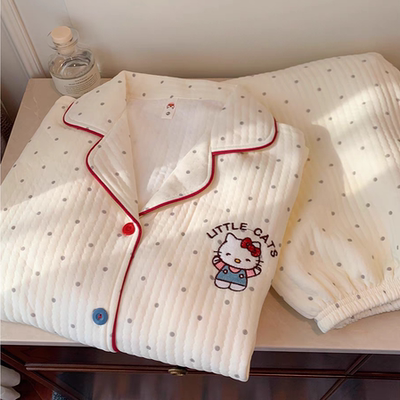 日系HelloKitty空气棉睡衣女冬季夹层甜美加厚学生宽松家居服套装