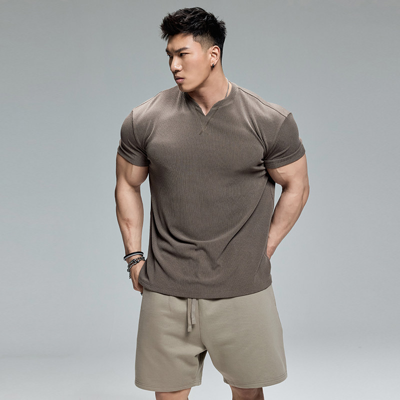 肌肉狗 夏季运动休闲短袖T恤男肌理感纯色弹力透气健身上衣训练服