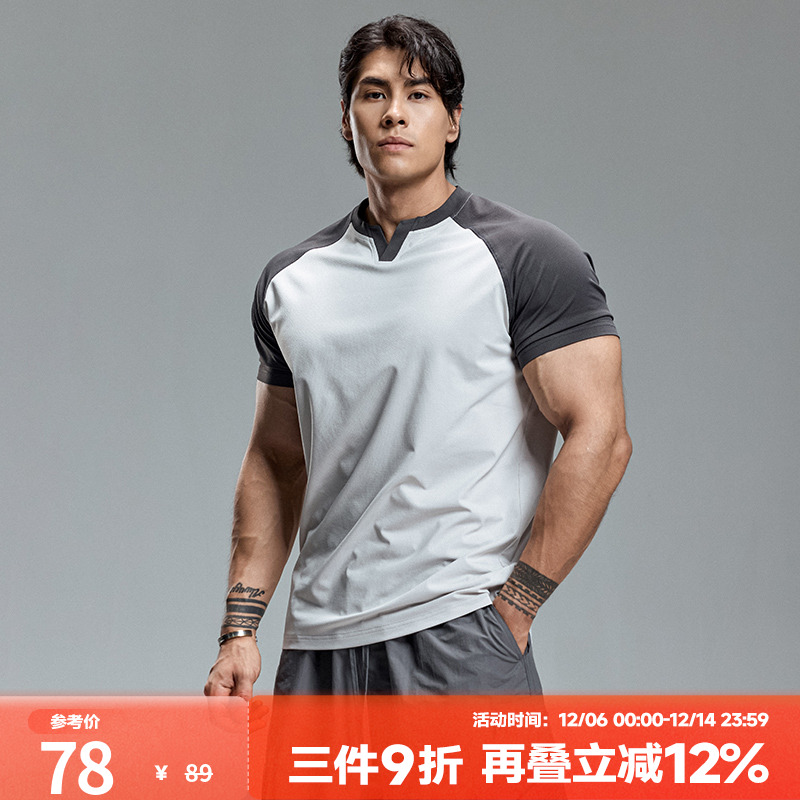 肌肉狗撞色插肩袖透气运动T恤男