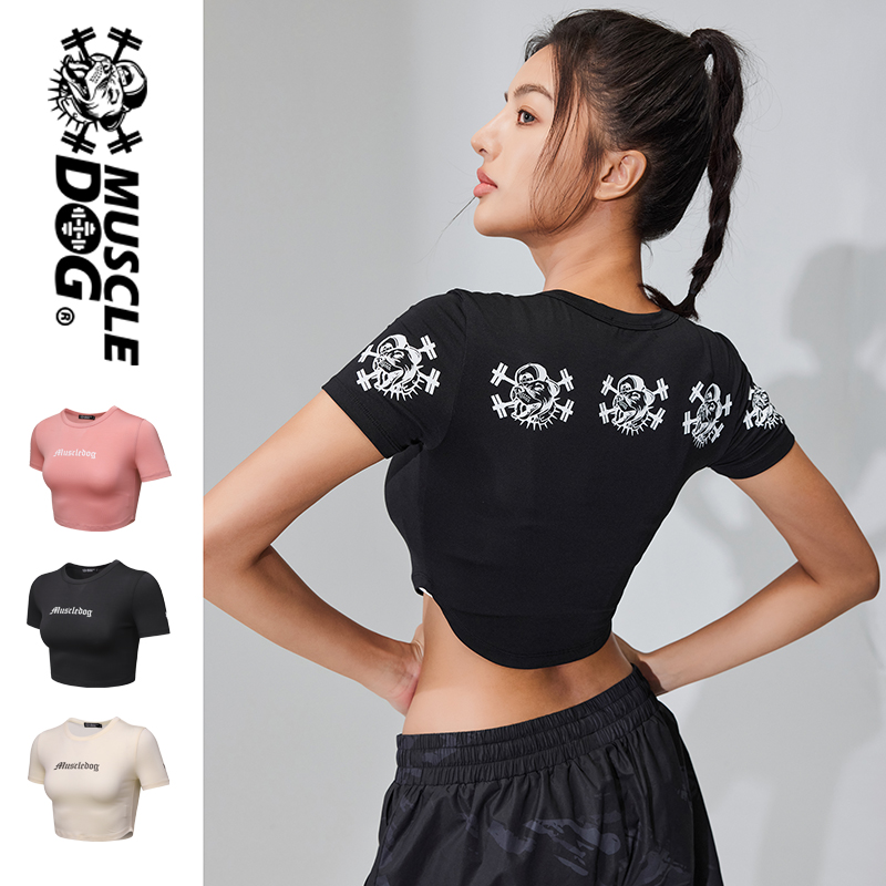 肌肉狗 运动t恤女夏季修身短款微弹瑜伽服训练跑步健身短袖上衣