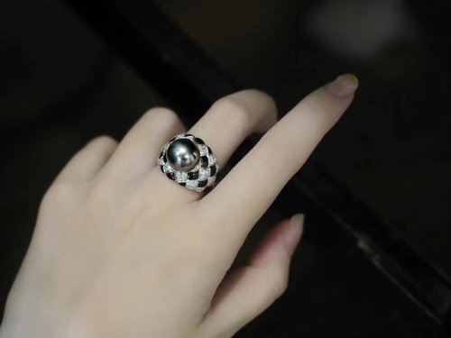 小香风重工925银戒指活口天然大溪地黑珍珠10-11mm黑白配色