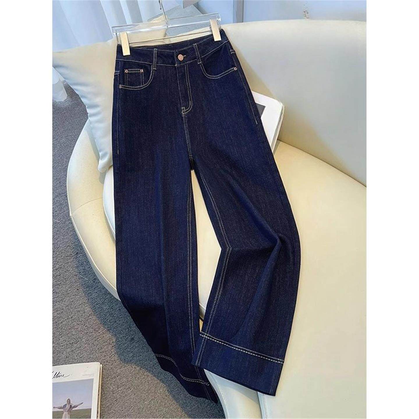 大码深蓝色牛仔裤阔腿裤女秋季新款胖mm宽松高腰复古九分直筒裤子