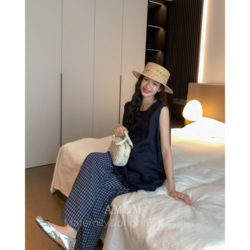 ◆AMUM孕妇装◆夏日胶囊~藏青无袖衬衫薄款背心休闲娃娃衫上衣