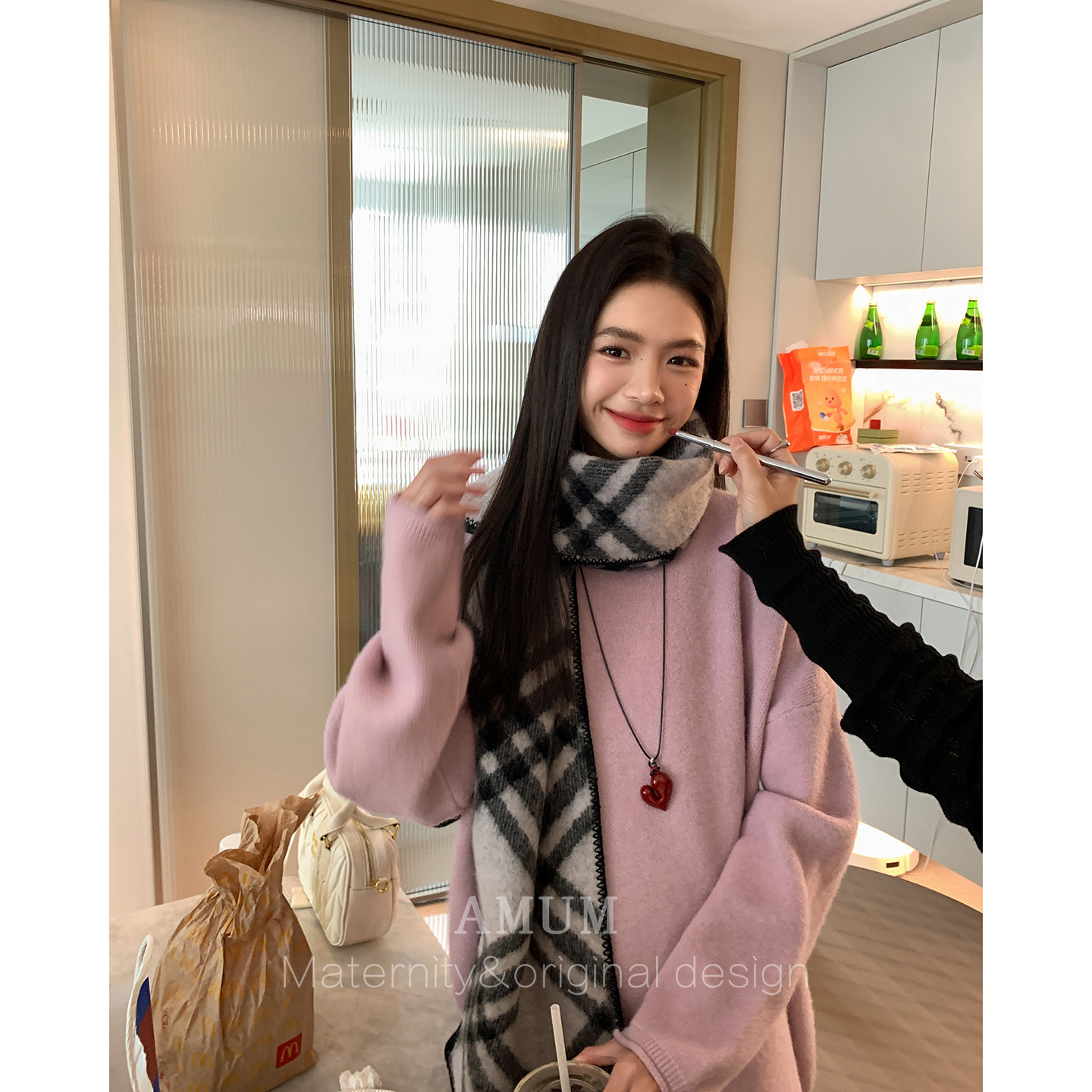 ◆AMUM孕妇装◆轻甜奶油~宽松软糯毛衣秋冬慵懒粉色套头针织上衣