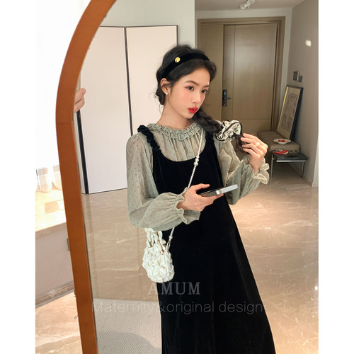 ◆AMUM孕妇装◆中古系穿搭~褶皱肩复古丝绒叠穿气质背心连衣裙