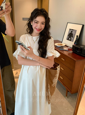 ◆AMUM孕妇装◆茉莉清茶~文艺少女感荷叶边宽松两面穿棉麻娃娃裙