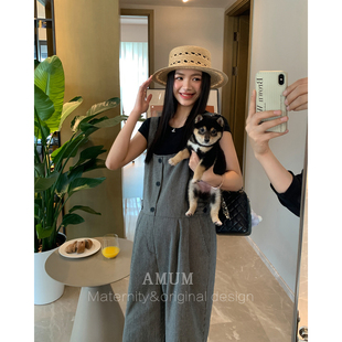 宽松休闲慵懒孕妇裤 随性百搭设计感条纹背带裤 夏季 AMUM孕妇装