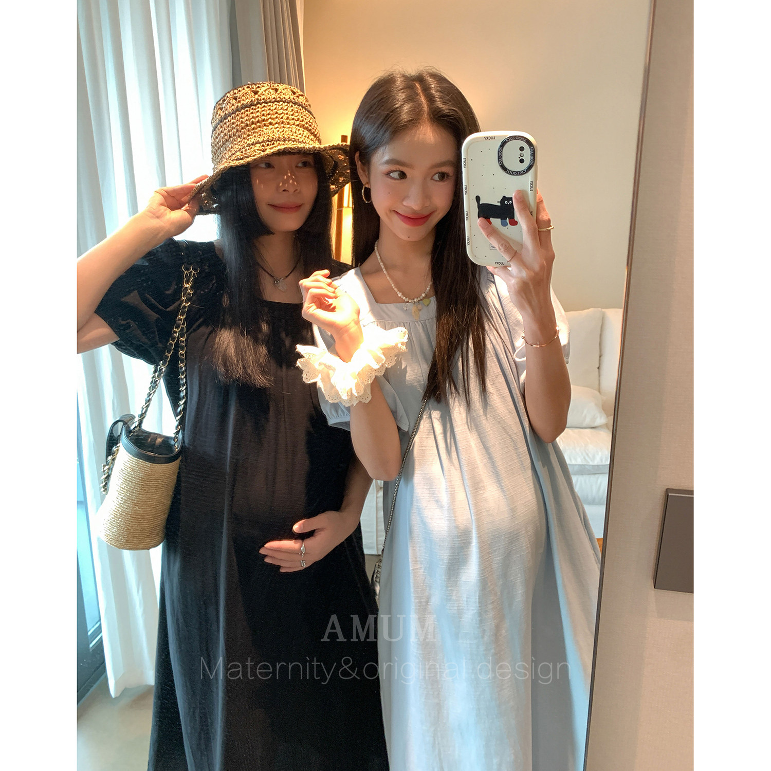 ◆AMUM孕妇装◆海洋恋人~清爽泡泡袖韩版宽松纯色方领度假连衣裙