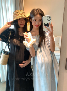 ◆AMUM孕妇装◆海洋恋人~清爽泡泡袖韩版宽松纯色方领度假连衣裙