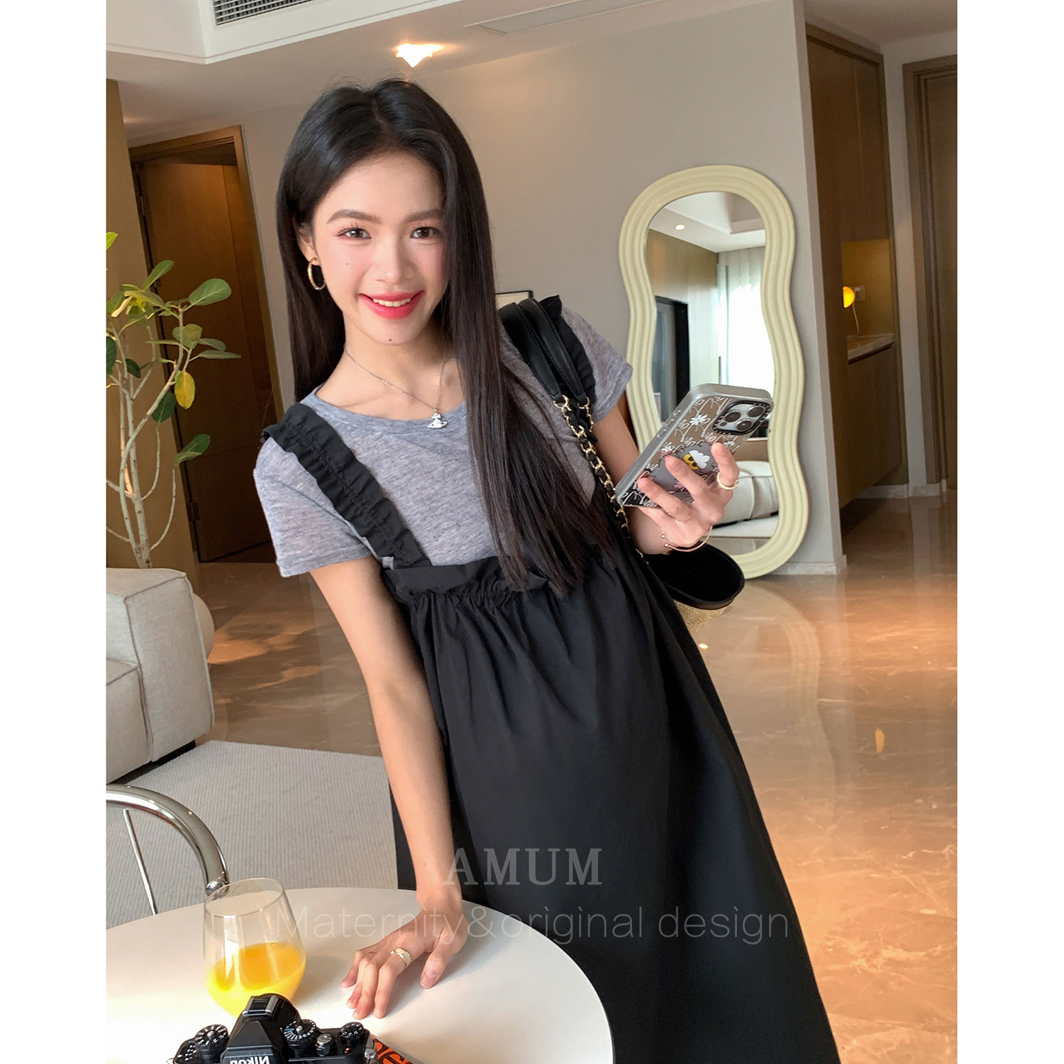 ◆AMUM孕妇装◆纽约转角~孕期不显怀宽松减龄时髦松紧黑色背带裙