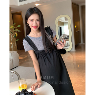 ◆AMUM孕妇装◆纽约转角~孕期不显怀宽松减龄时髦松紧黑色背带裙