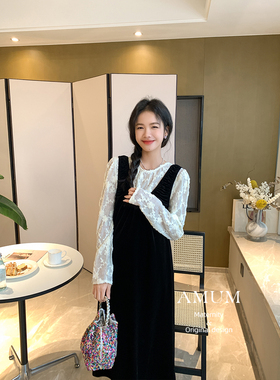◆AMUM孕妇装◆矜贵小嗲~复古显瘦黑色丝绒背心裙百搭叠穿打底裙