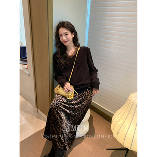 ◆AMUM孕妇装◆搭配好手~慵懒美式豹纹丝绒半身裙显瘦设计感长裙