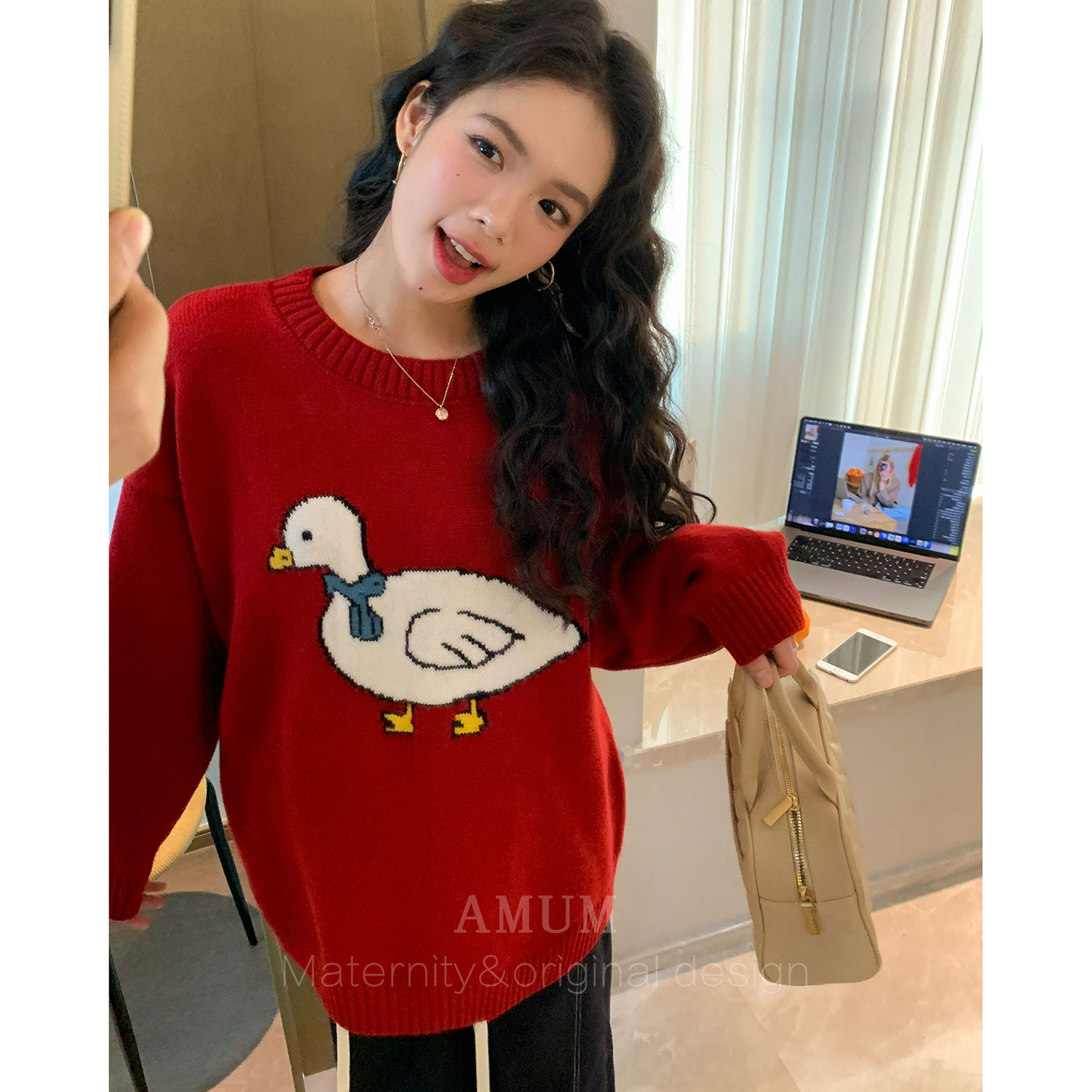 ◆AMUM孕妇装◆可爱鸭~慵懒宽松提花圆领内搭休闲套头针织上衣,孕妇装/孕产妇用品/营养,毛衣,淘宝优惠券,粉丝福利购,淘宝优惠卷