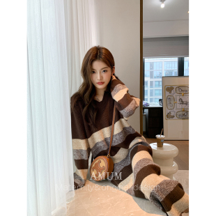 秋冬长袖 美拉德色系 针织连衣裙条纹翻领毛衣裙子 AMUM孕妇装
