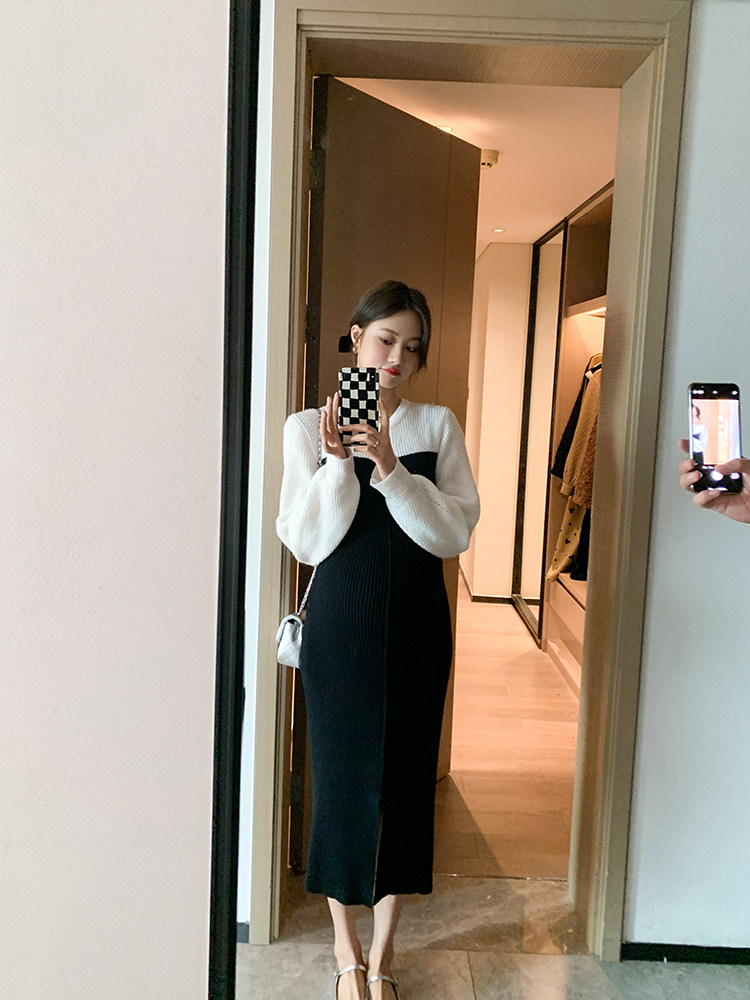 ◆AMUM孕妇装◆私服~毛线针织裙摆开叉毛衣裙长袖连衣裙秋冬